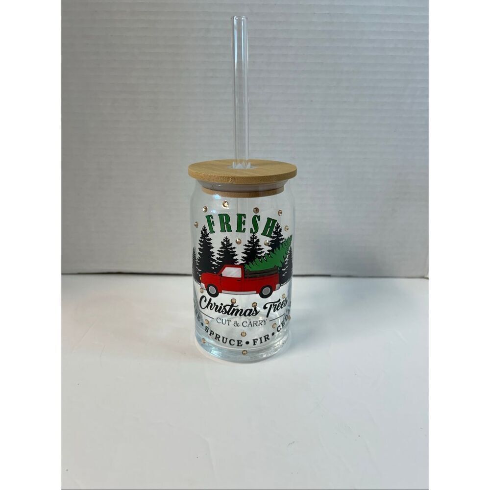 Handmade can shaped glass tumbler-bamboo lid and glass straw